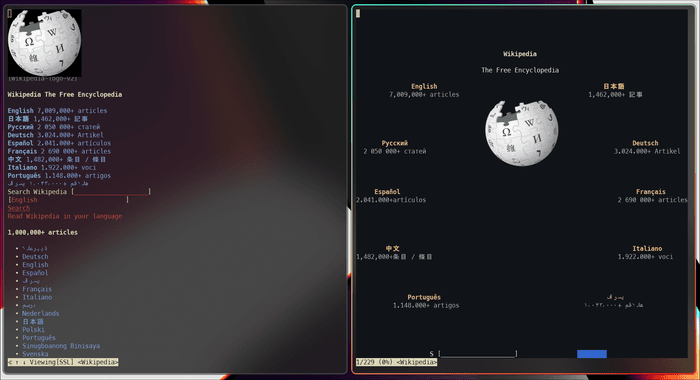 左はw3mで、右はchawanでhttps://wikipedia.orgを開いた結果。違いは一目瞭然である